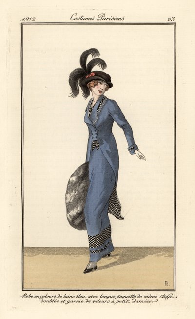 Woman in Dress and Long Jacket of Blue Wool Velvet by B Berty
