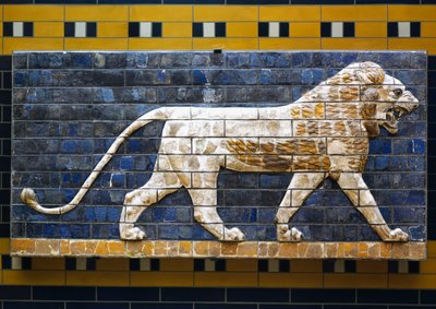 A lion (detail), glazed brick tiles depicting mythological animals that adorned the Processional Way to the Ishtar Gate in Babylon during the reign of Nebuchadnezzar II (604-562 BC) by Babylonian
