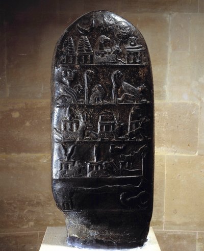 Oriental antiquity: stele in black limestone carved with bas-reliefs of King Meli-Shipak II in favor of his son Marduk-apla-iddina. They represent the great deities. From the site of Su by Babylonian