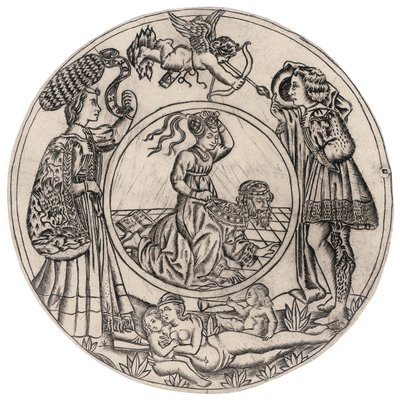 Aristotle and Phyllis, surrounded by a Young Man and Woman with Eros, and a reclining nude Woman with two Children, second half of the 15th century by Baccio (circle of) Baldini