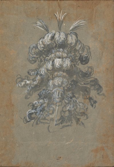 Design for a Lavish Headdress with Feathers on a Helmet (frontal view) by Baccio del Bianco