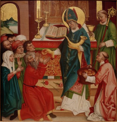 The Saint Distributes Bread and Wine to the People as Bishop of Liège by Badener Nelkenmeister