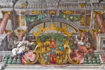 Detail with Cornice and Allegorical Figures of the Decoration, Church of St Francis, Sassuolo, Italy by Baldassarre & Monti Giovanni Giacomo (1620 92) Bianchi
