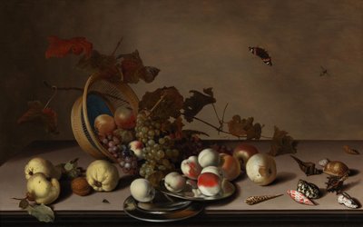 Fruit Still Life with Wicker Basket, Mussels and Butterfly by Balthasar van der Ast