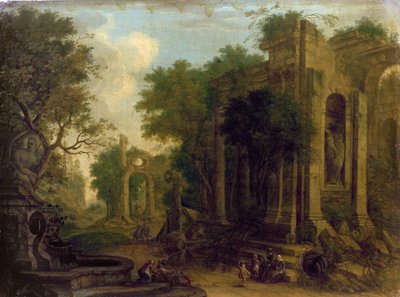 Wooded Landscape with Travellers Resting by Classical Ruins by Balthasar Beschey