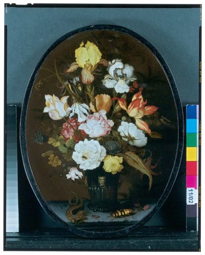 Still Life With Flowers In A Glass Vase On A Ledge, With A Lizard And Beetles by Balthasar van der Ast
