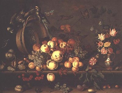 Still Life with Fruit, Flowers and Parrots, early 1620s by Balthasar van der Ast