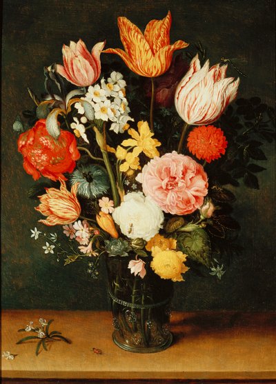 Tulips, Roses and other Flowers in a Glass Vase by Balthasar van der Ast