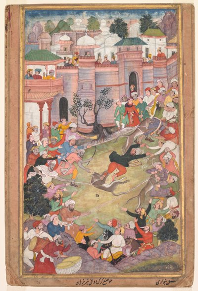 The game of wolf-running in Tabriz, from an Akbar-nama (Book of Akbar) by Banavari 1