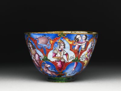 Lidded Bowl, Saucer and Spoon with Astrological Decoration by Baqir