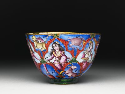 Lidded Bowl, Saucer and Spoon with Astrological Decoration by Baqir