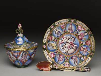 Lidded bowl, saucer and spoon with astrological decoration by Baqir