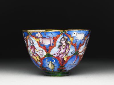 Lidded bowl, saucer and spoon with astrological decoration by Baqir