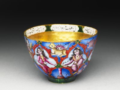 Lidded bowl, saucer and spoon with astrological decoration by Baqir