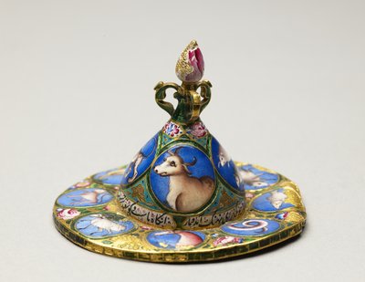 Lidded bowl, saucer and spoon with astrological decoration by Baqir