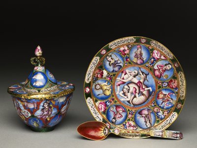 Lidded Bowl, Saucer and Spoon with Astrological Decoration by Baqir