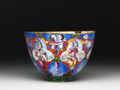 Lidded Bowl, Saucer and Spoon with Astrological Decoration by Baqir