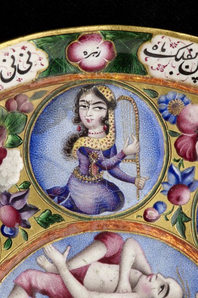 Lidded bowl, saucer and spoon with astrological decoration, early 19th century by Baqir Baqir