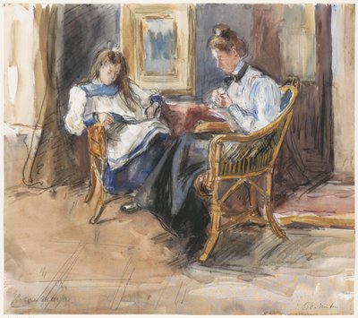 Lady Doing Needlework and Girl Reading in Wicker Chairs, in the House at Riouwstraat 6, The Hague by Barbara Elisabeth van Houten