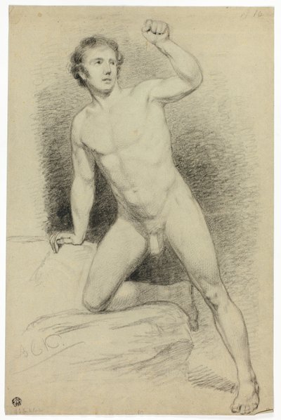 Academic Male Nude Leaning on Platform by Barend Cornelis Koekkoek