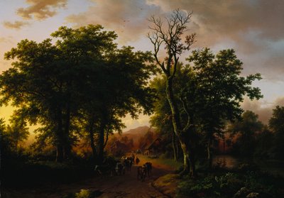 Travellers on a Path at Sunset by Barend Cornelis Koekkoek