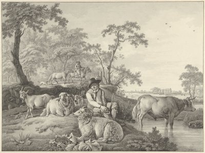 Shepherd with Sheep, a Goat, and a Young Bull in a Landscape by Barend Hendrik Thier