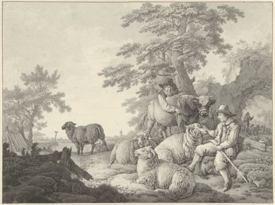 Shepherd with Sheep and a Boy with a Young Bull in a Landscape by Barend Hendrik Thier