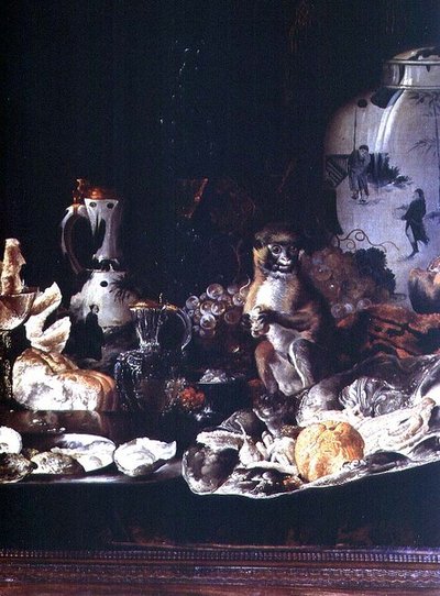 Exotic Still Life with Monkey and Chinese Porcelain by Barend or Bernardus van der Meer