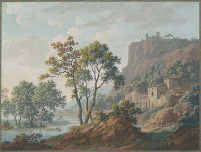 River Landscape with Castles and Fishermen by Baron Louis Albert Guillain Bacler d