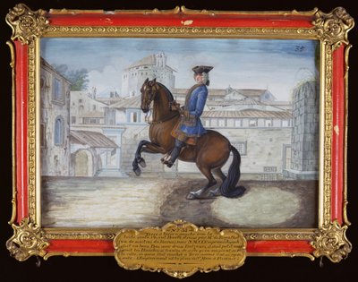 A Barbary bay horse of the Spanish Riding School performing a dressage movement in St. Marks Square, Florence by Baron Reis Eisenberg
