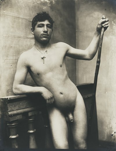 Nude Male with Staff and Crucifix Necklace by Baron Wilhelm von Gloeden
