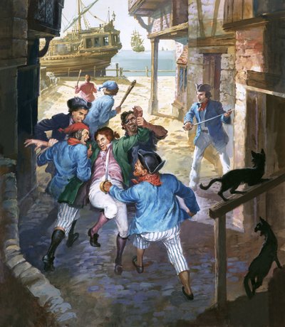 Roderick Random being pressganged and carried towards a ship by Barrie Linklater