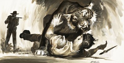 Tiger attacking a hunter by Barrie Linklater