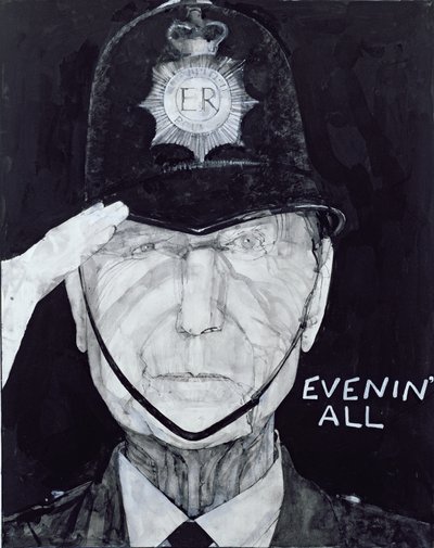 Portrait of Jack Warner as Dixon of Dock Green, illustration for The Listener, 1970s by Barry Fantoni