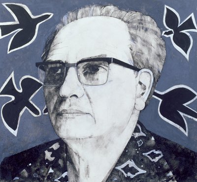 Portrait of Olivier Messiaen, illustration for The Sunday Times, 1970s by Barry Fantoni