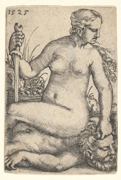 Judith, looking towards the right, seated nude atop the dead body of Holofernes, 1525 by Barthel Beham