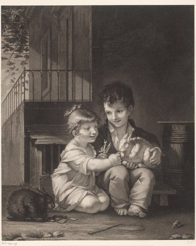 Two Children with Rabbits by Barthélémy Joseph Fulcran Roger