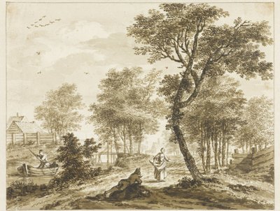 Landscape with Figures and a Man in a Punt on the Left by Bartholomeus Barbiers