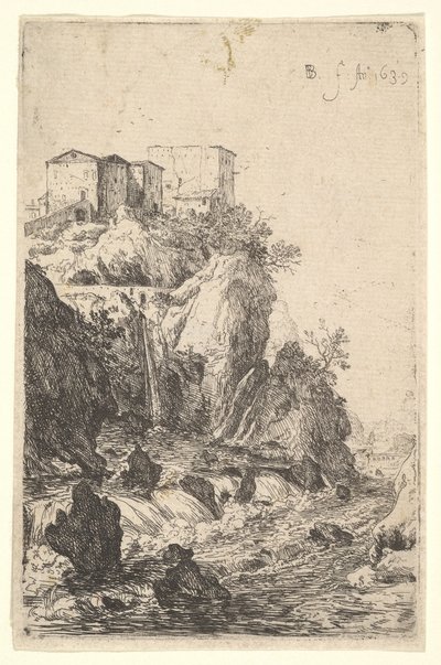 Cascades near Ponte della Trave, with buildings on a rocky outcrop above, from the series by Bartholomeus Breenbergh
