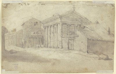Street with an ancient Ionic temple, now a Christian church with an added colonnade by Bartholomeus Breenbergh