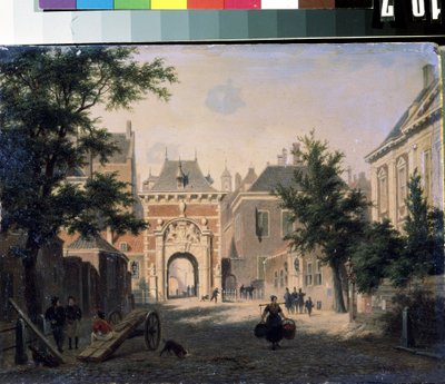 View of a Dutch City. Street Scene, a Housewife Returning from the Market with Loaded Baskets by Bartholomeus Johannes van Hove