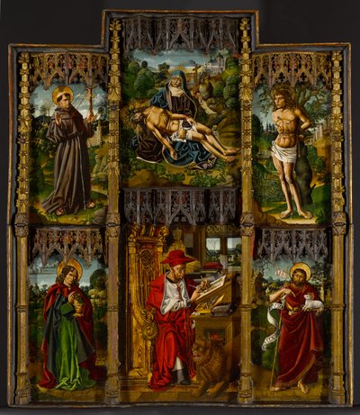 Portable Altarpiece: Pietà, Saints Francis, Sebastian, John the Evangelist, Jerome, and John the Baptist, c.1500 by Bartolomé Bermejo