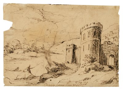 A river landscape with a fisherman near a castle by Bartolomé Esteban Murillo