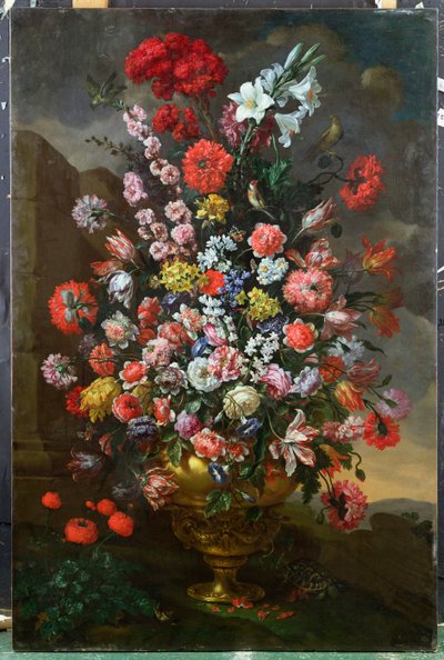 Lilies, Tulips, Carnations, Peonies, Convolvuli and Other Flowers in a Bronze Urn with Birds, a Tortoise and Butterflies in a Landscape by Bartolomeo Bimbi