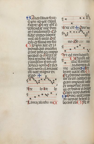 Missale: Fol. 121v: contains music for Hely Hely Lama etc. within St. Mattion Passion, 1469 by Bartolomeo Caporali