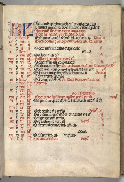 Missale: Fol. 8r: November Calendar Page, 1469 by Bartolomeo Caporali