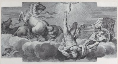 Plate 34: Auriga, the charioteer, falls from the chariot at center, with three horses at l..., 1756 by Bartolomeo Crivellari, Gabriel Söderling