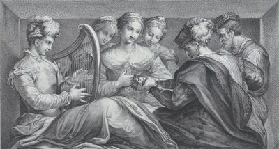 A Group of Elegantly Dressed People Playing the Harp and a Guitar, 1740-68 by Bartolomeo Crivellari