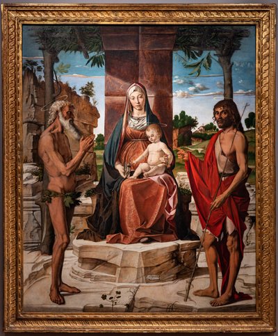 Madonna with infant Jesus under a pergola among Saints John the Baptist and Onuphrius by Bartolomeo Montagna