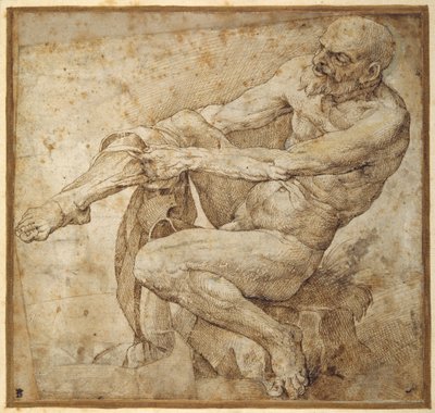 Naked man pulling on his hose (after Marcantonio Raimondi and Michelangelo Buonarroti) by Bartolomeo Passarotti